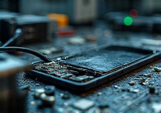 Smartphone danneggiato collegato a attrezzatura di recupero dati