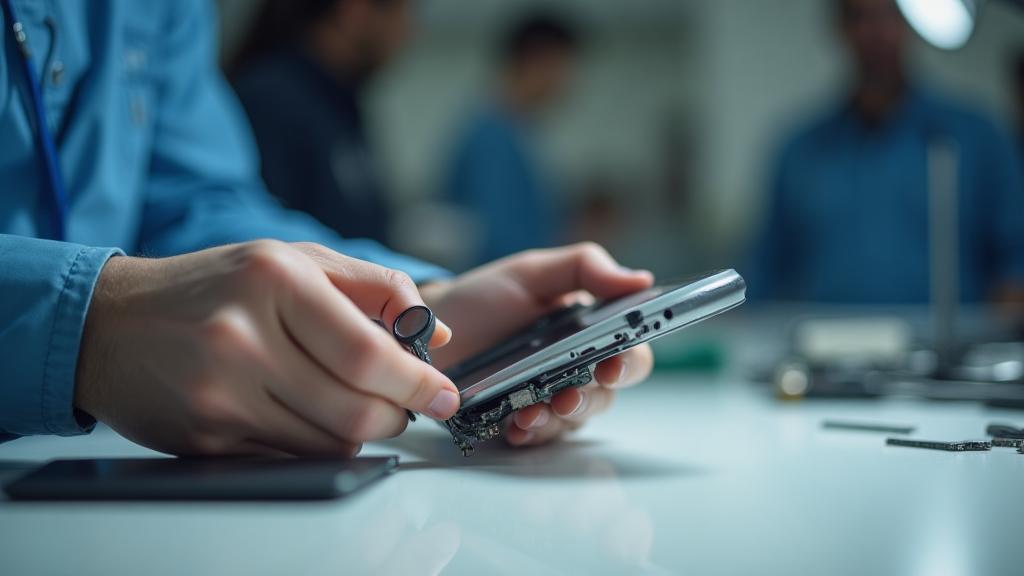 Tecnico qualificato che ripara uno smartphone su un banco da lavoro pulito