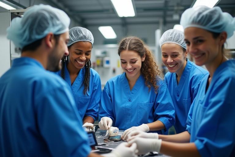 Un gruppo di tecnici sorridenti al lavoro nel laboratorio di riparazione
